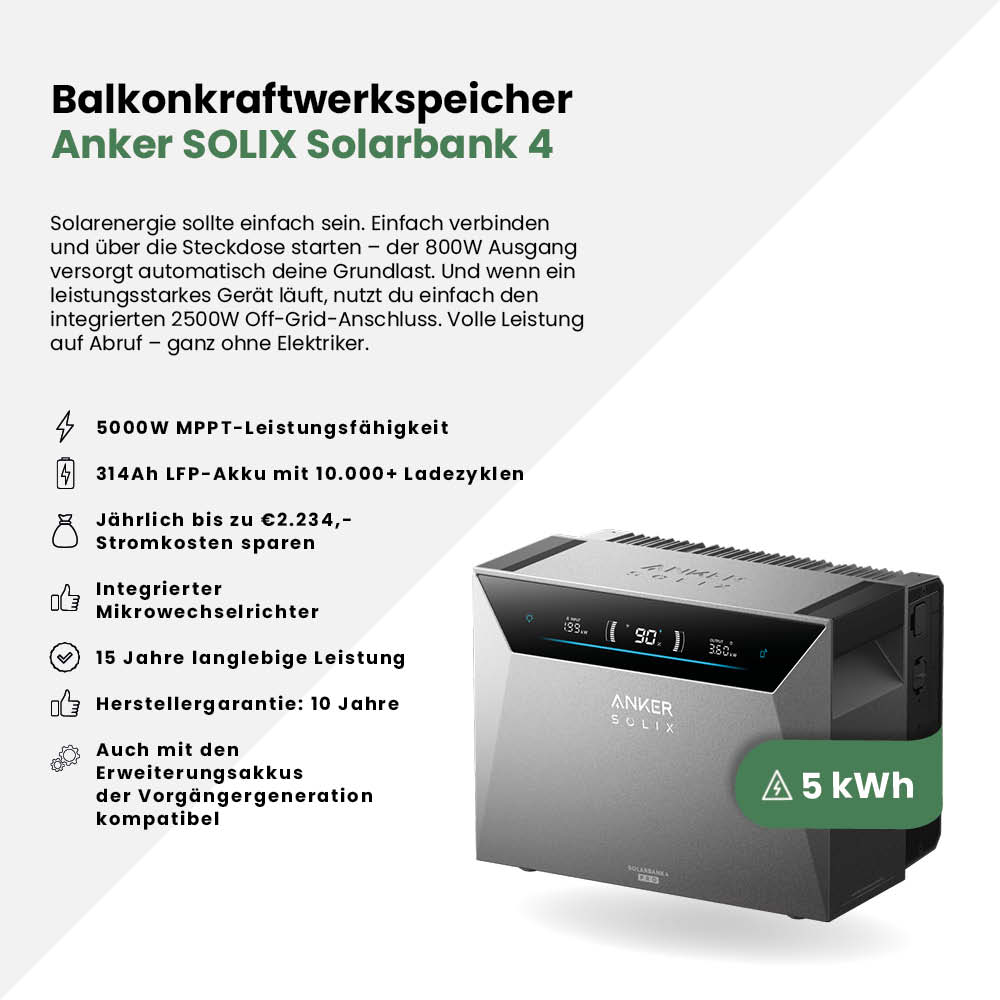 Balkonkraftwerk 2000Wp mit Anker SOLIX Solarbank 4 E5000 Pro